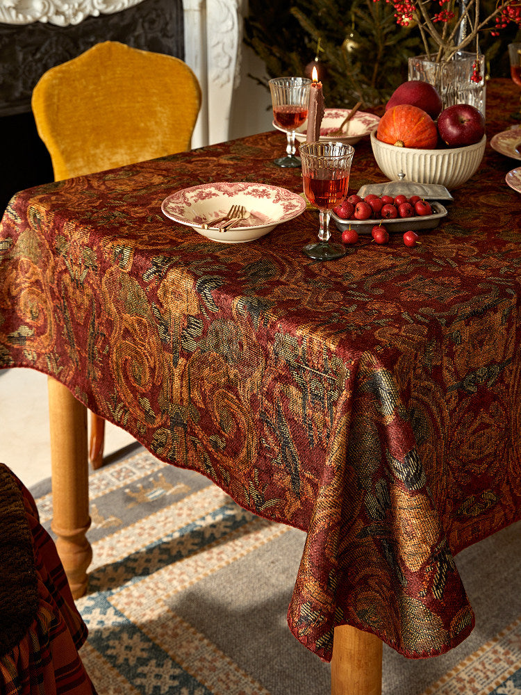 Wine Red Vintage Tablecloth – European Retro Luxury Dining Table Cover