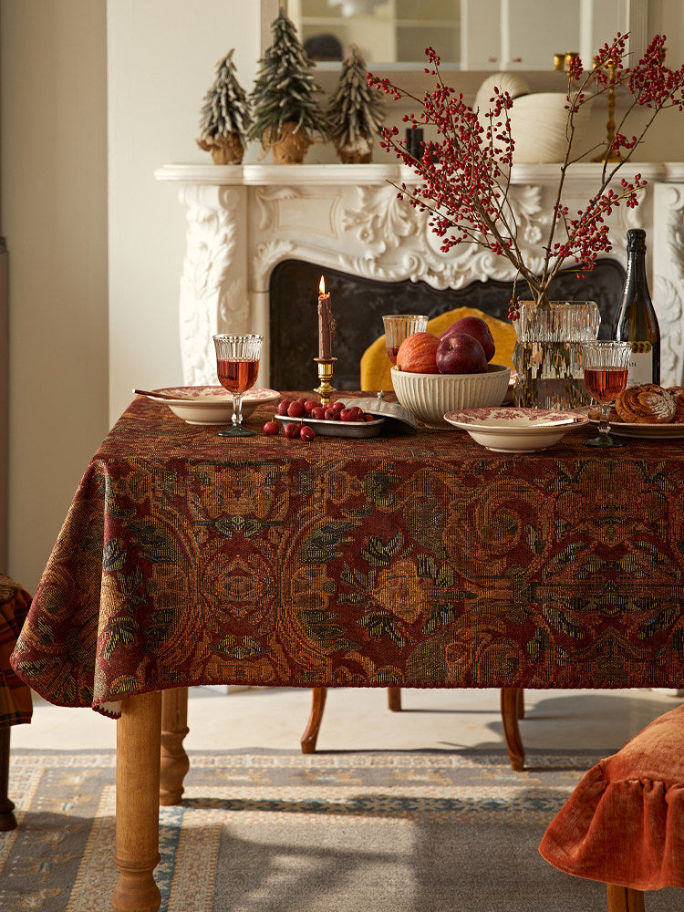 Wine Red Vintage Tablecloth – European Retro Luxury Dining Table Cover