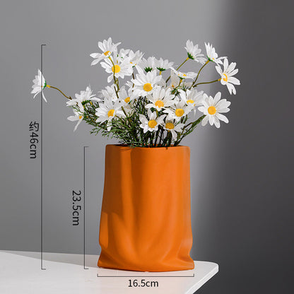 Nordic Morandi Pleated Ceramic Vase – Modern Light Luxury Home Decor