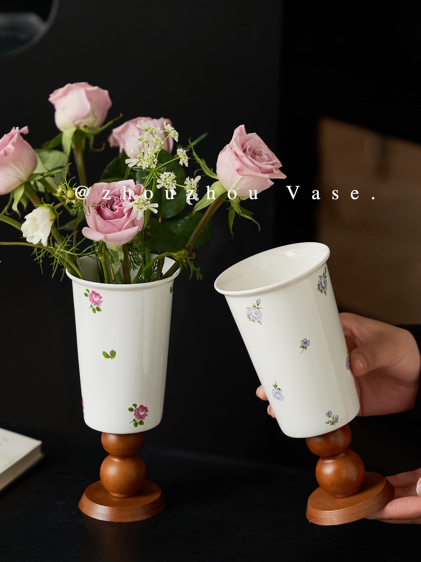 French Vintage Ceramic Vase – Floral Wood Base Flower &amp; Table Decor