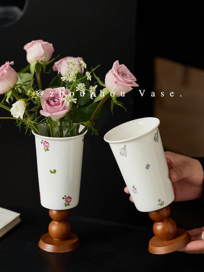 French Vintage Ceramic Vase – Floral Wood Base Flower &amp; Table Decor