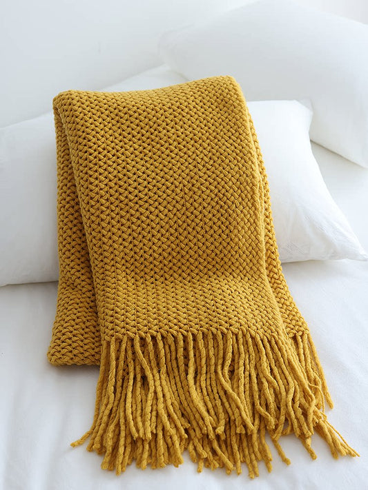American-Style Turmeric Yellow Woven Throw Blanket – Textured Decorative Blanket for Sofa & Bed