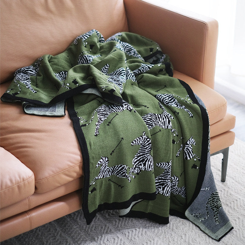 Retro Green Zebra Knitted Throw Blanket – Nordic Sofa & Bed Decorative Throw