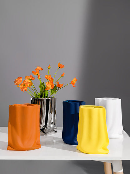 Nordic Morandi Pleated Ceramic Vase – Modern Light Luxury Home Decor
