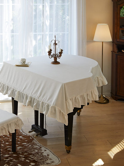French White Rose Tablecloth – Vintage Floral Cotton Linen Dining Table Cover