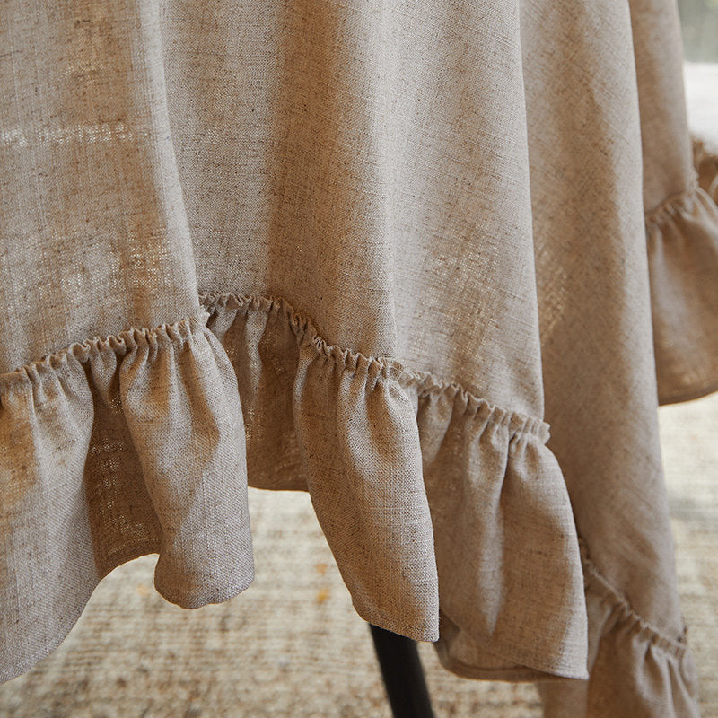 French White Linen Tablecloth – Vintage Ruffle Round Coffee & Dining Table Cover