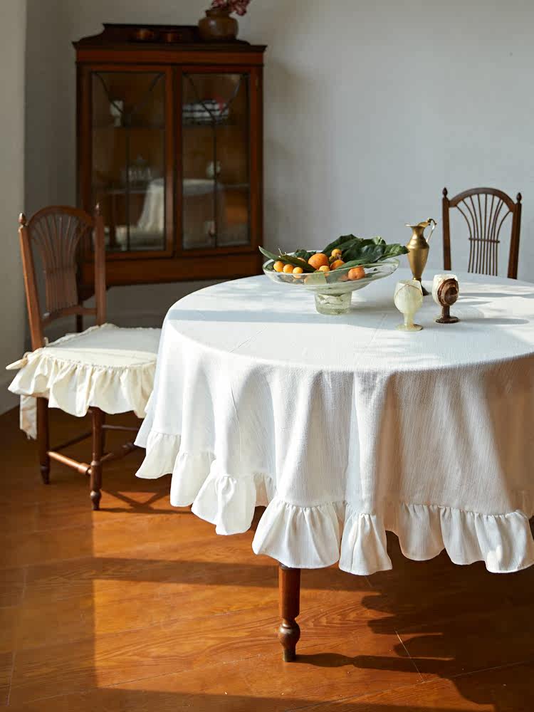 French Retro Ruffle Tablecloth – Solid Cotton Linen Luxury Dining Table Cover