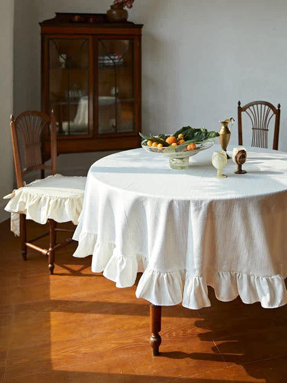 French Retro Ruffle Tablecloth – Solid Cotton Linen Luxury Dining Table Cover