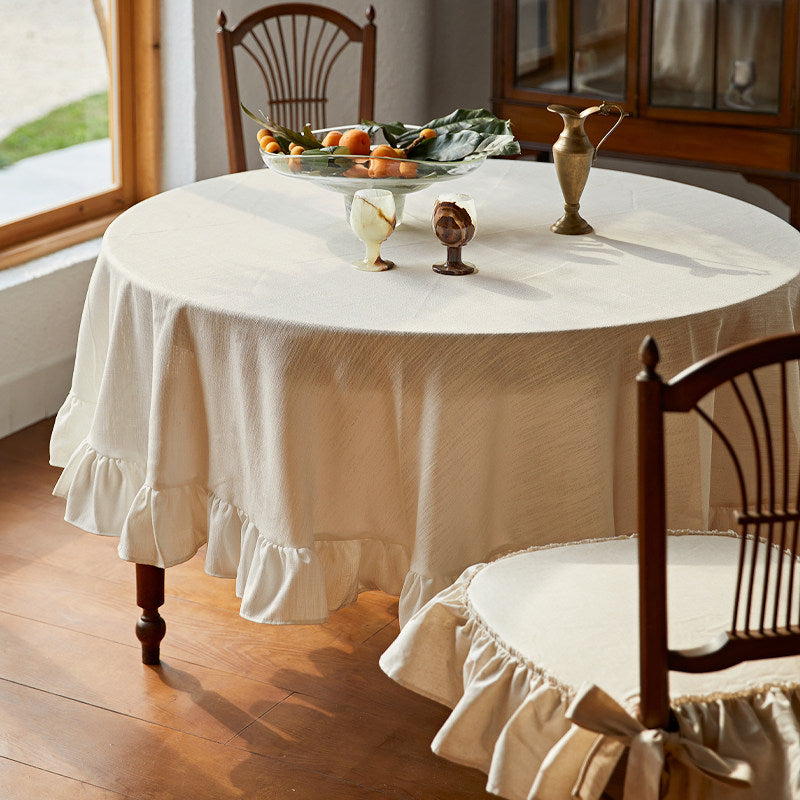 French Retro Ruffle Tablecloth – Solid Cotton Linen Luxury Dining Table Cover