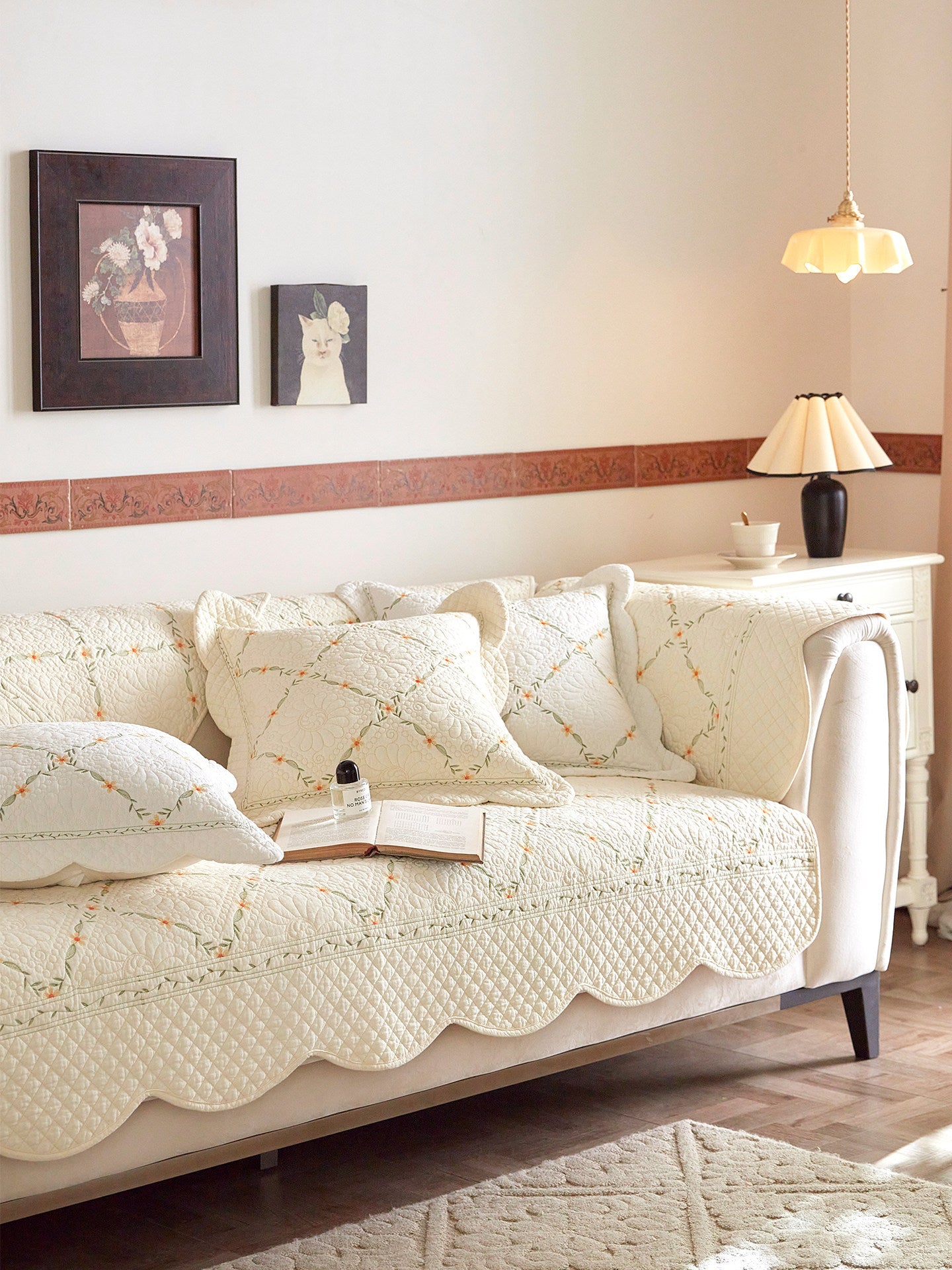 Embroidered Cotton Sofa Cover – Washed Cotton Couch Throw & Seat Cushion