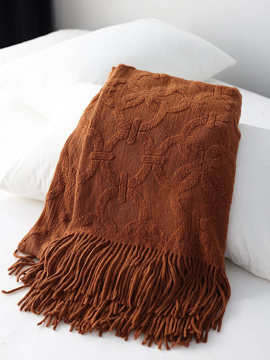 Vintage Brown Knitted Throw Blanket – Long Sofa & Bed Decorative Runner