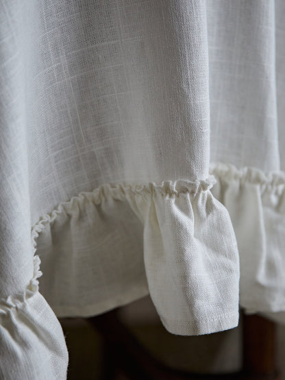 French White Linen Tablecloth – Vintage Ruffle Round Coffee & Dining Table Cover