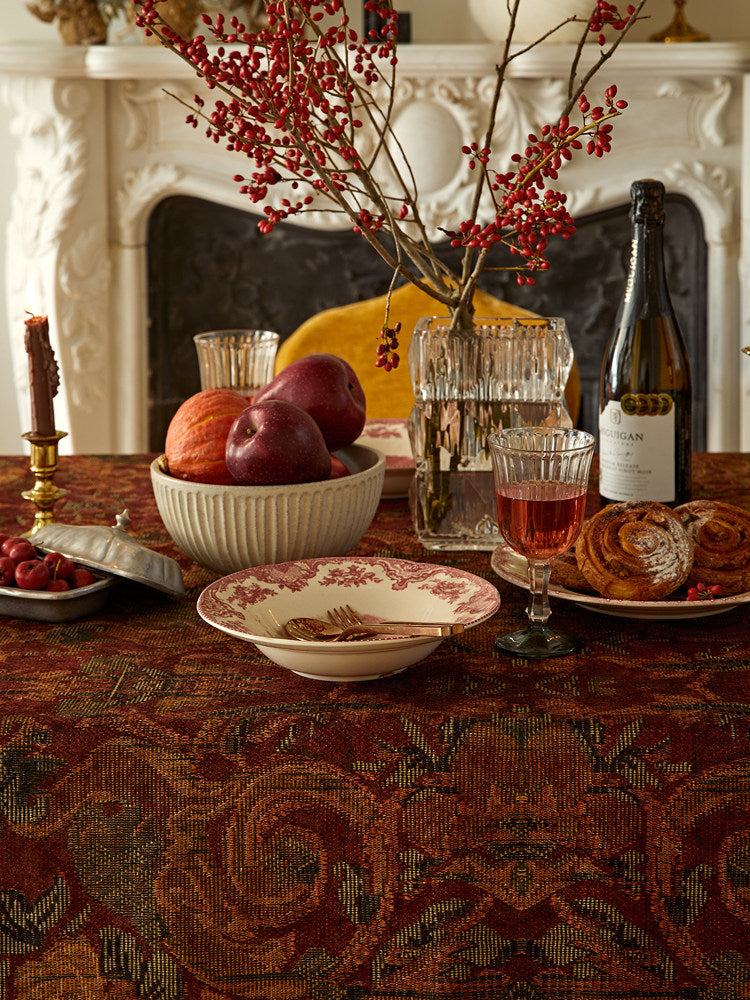 Wine Red Vintage Tablecloth – European Retro Luxury Dining Table Cover