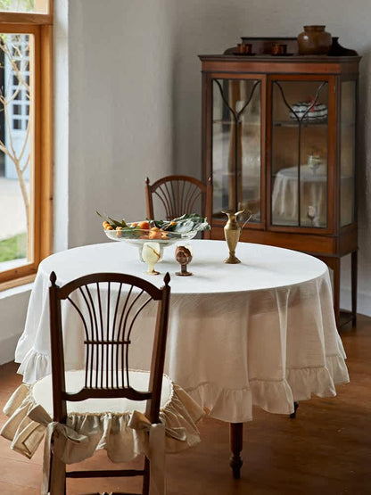 French Retro Ruffle Tablecloth – Solid Cotton Linen Luxury Dining Table Cover