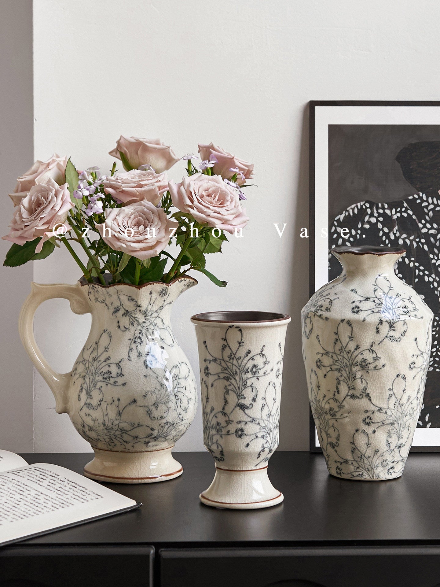 Ink Ice-Cracked Ceramic Vase – New Chinese Style Flower &amp; Zen Decor