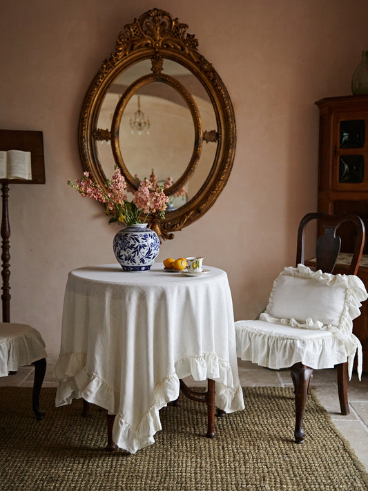 French White Linen Tablecloth – Vintage Ruffle Round Coffee & Dining Table Cover