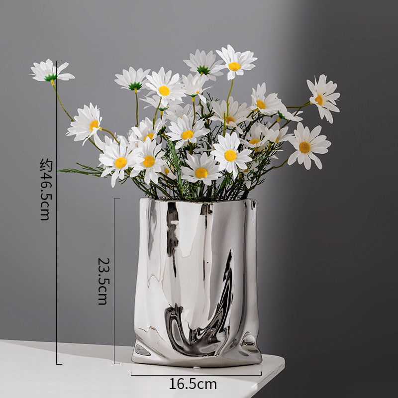 Nordic Morandi Pleated Ceramic Vase – Modern Light Luxury Home Decor