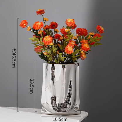 Nordic Morandi Pleated Ceramic Vase – Modern Light Luxury Home Decor