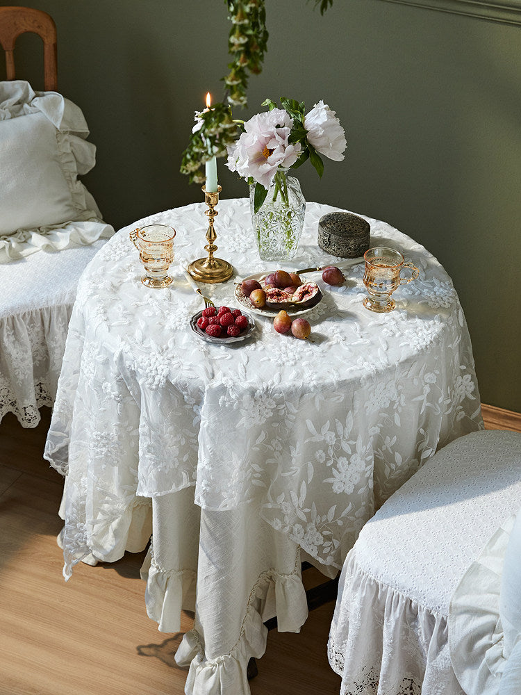French White Linen Tablecloth – Vintage Ruffle Round Coffee & Dining Table Cover