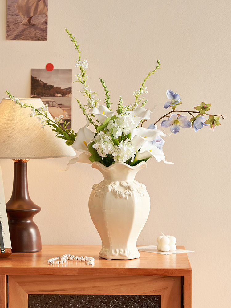 French Embossed Ceramic Vase – Vintage Cream Flower &amp; Home Decor