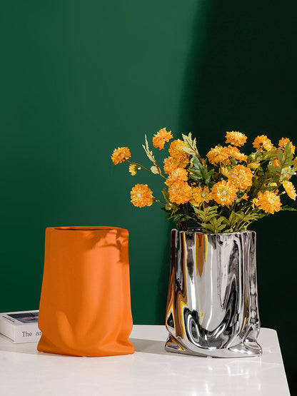 Nordic Morandi Pleated Ceramic Vase – Modern Light Luxury Home Decor