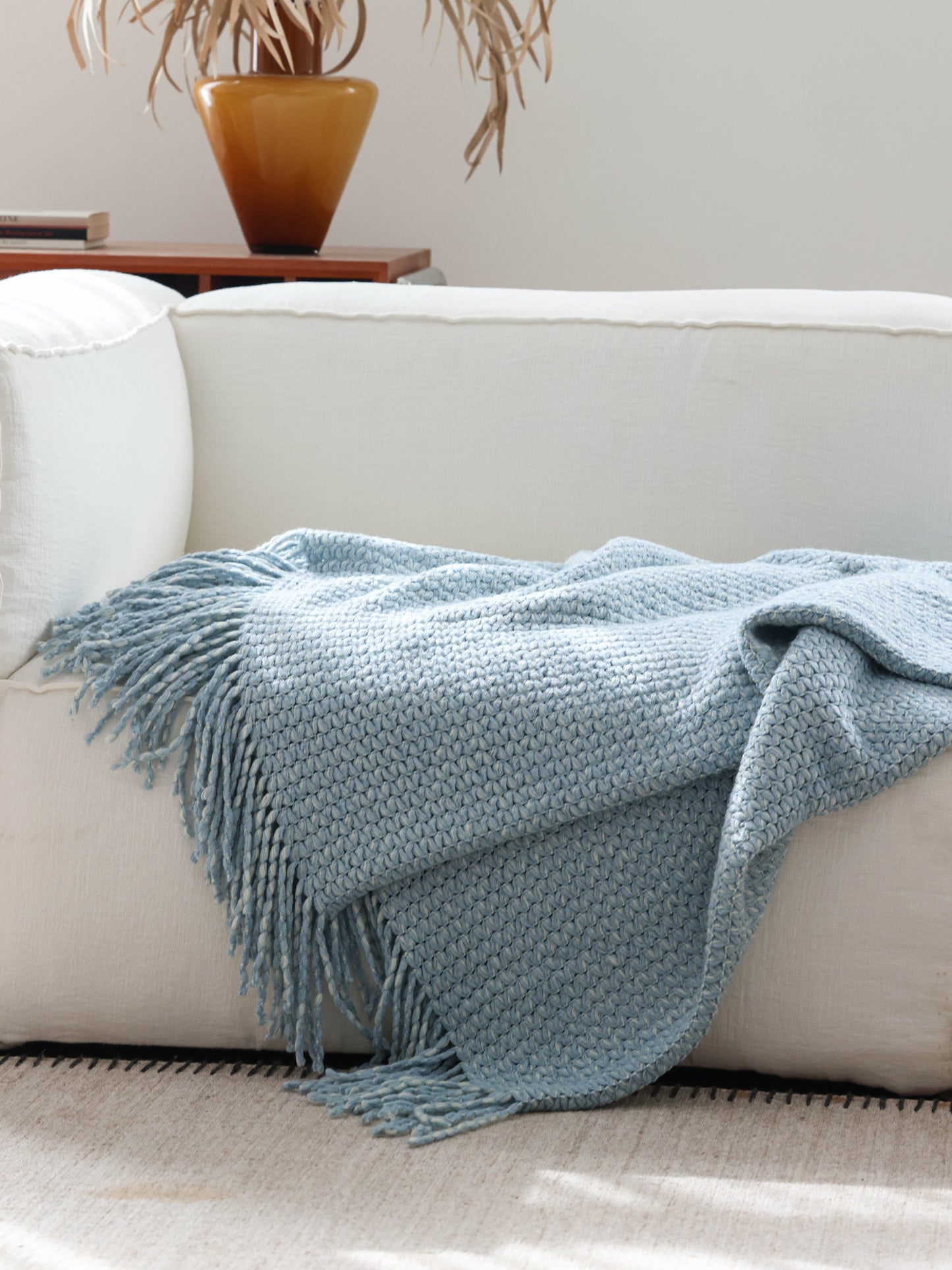Sky Blue Nordic Knitted Throw Blanket – Long Sofa & Bed Decorative Runner