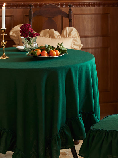 French White Linen Tablecloth – Vintage Ruffle Round Coffee & Dining Table Cover
