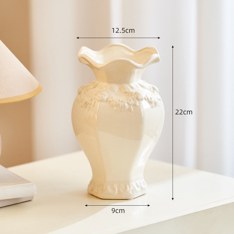 French Embossed Ceramic Vase – Vintage Cream Flower &amp; Home Decor