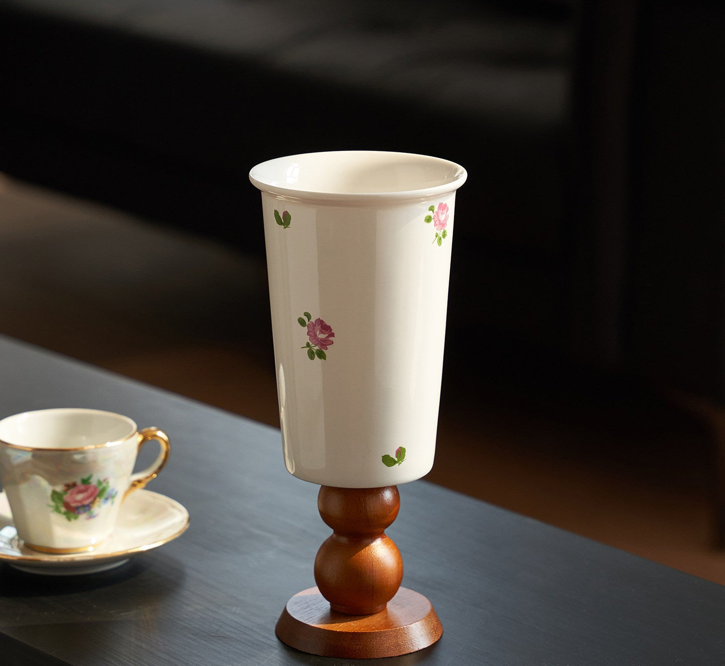 French Vintage Ceramic Vase – Floral Wood Base Flower &amp; Table Decor