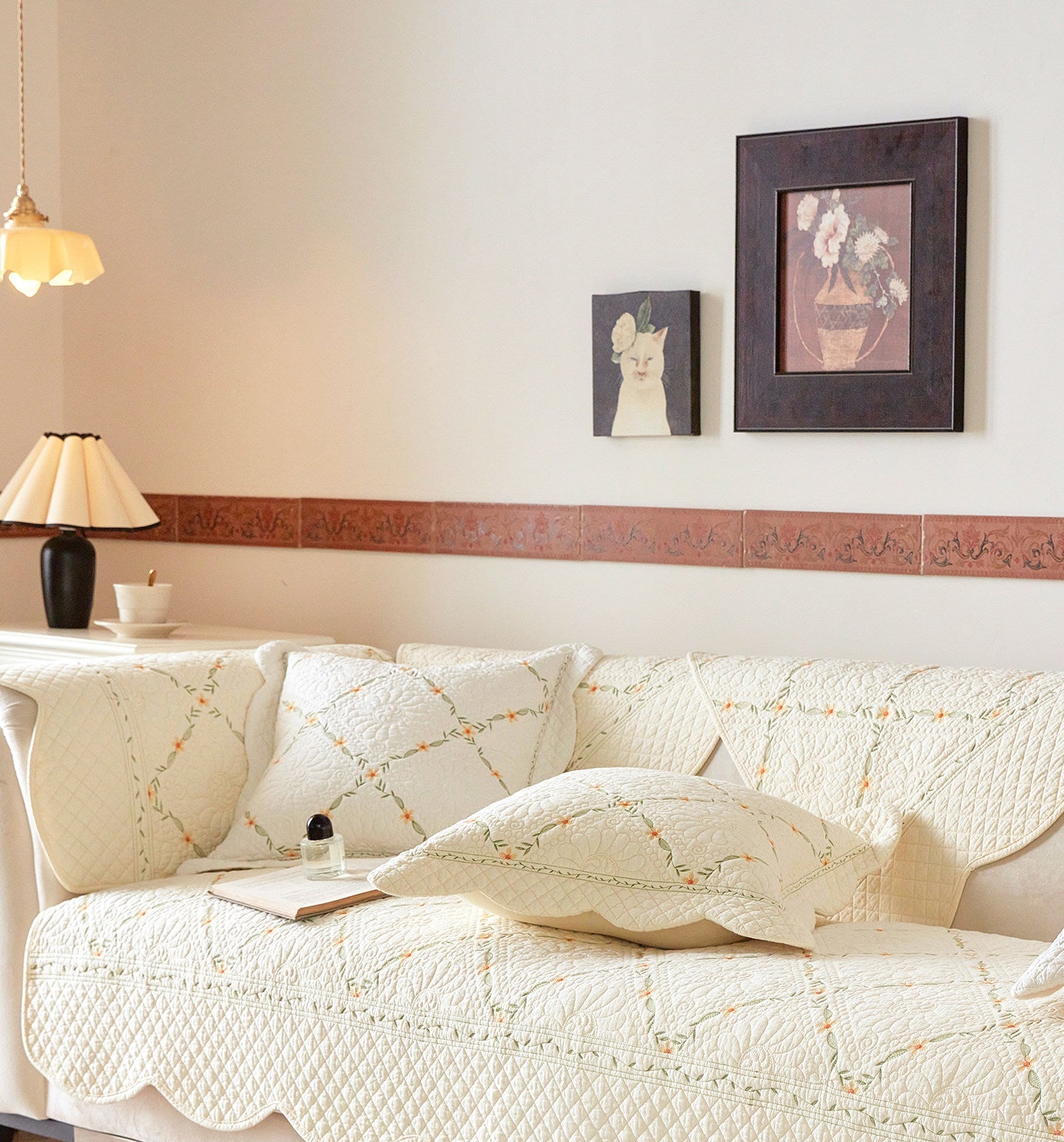 Embroidered Cotton Sofa Cover – Washed Cotton Couch Throw & Seat Cushion