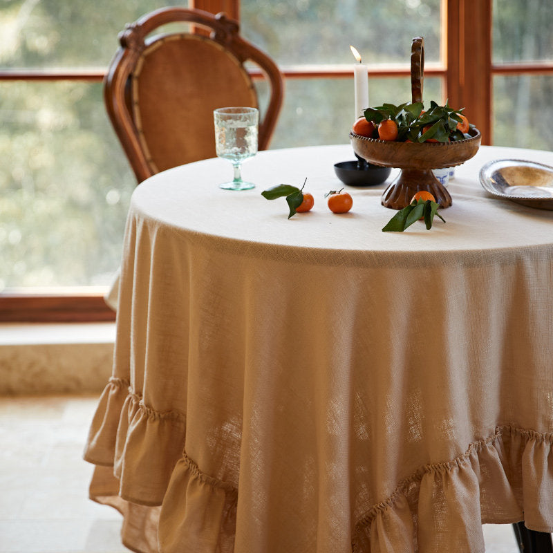 French White Linen Tablecloth – Vintage Ruffle Round Coffee & Dining Table Cover