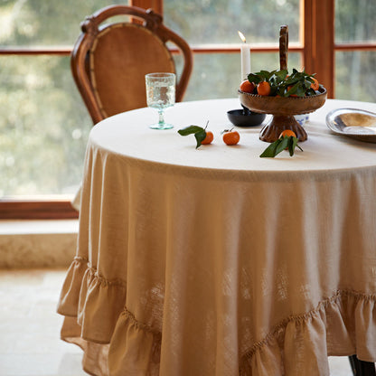 French White Linen Tablecloth – Vintage Ruffle Round Coffee & Dining Table Cover