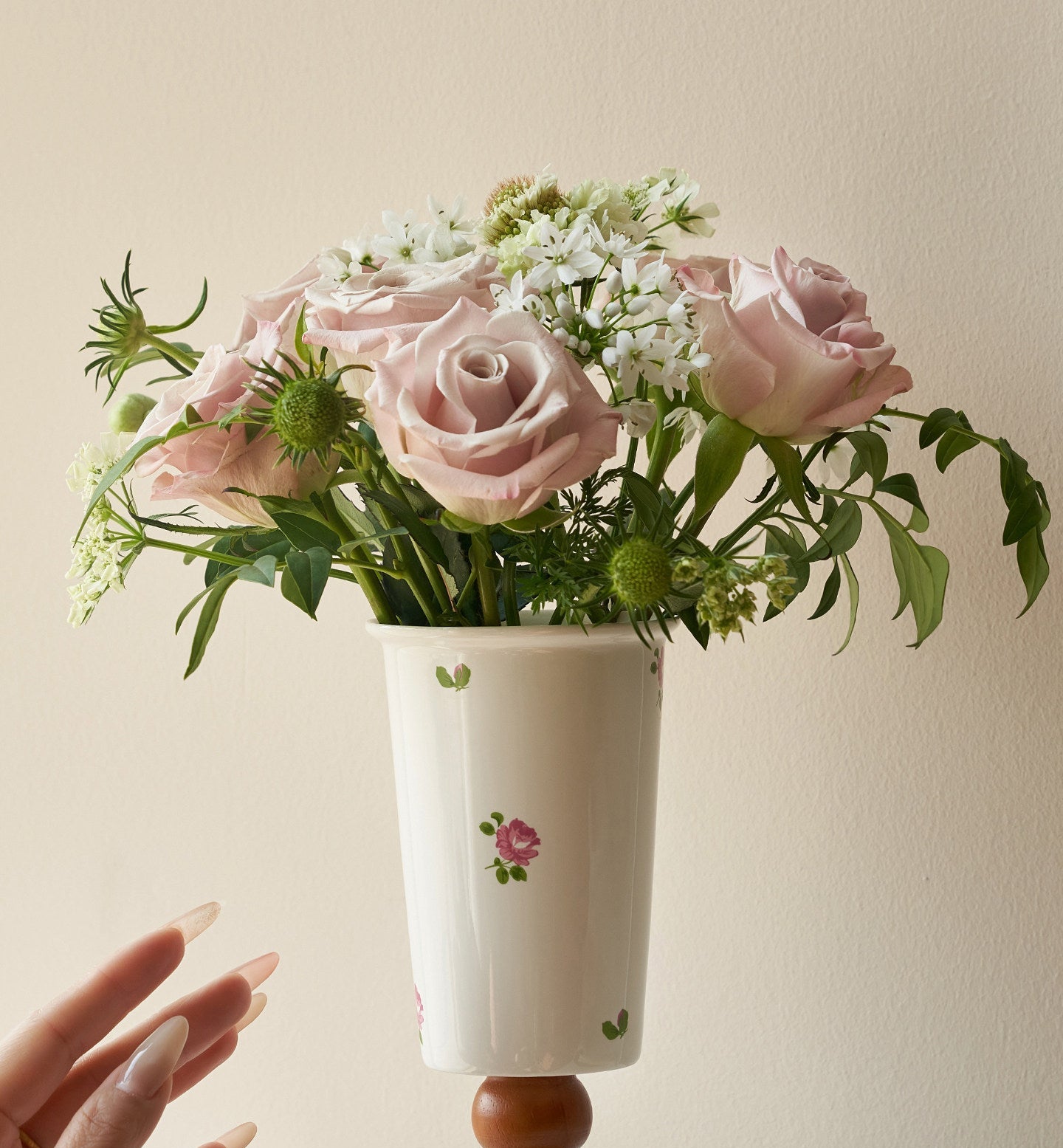 French Vintage Ceramic Vase – Floral Wood Base Flower &amp; Table Decor