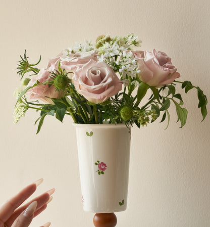 French Vintage Ceramic Vase – Floral Wood Base Flower &amp; Table Decor