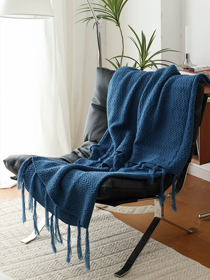 Navy Blue Scandinavian Knitted Throw Blanket – Sofa & Bed Decorative Throw