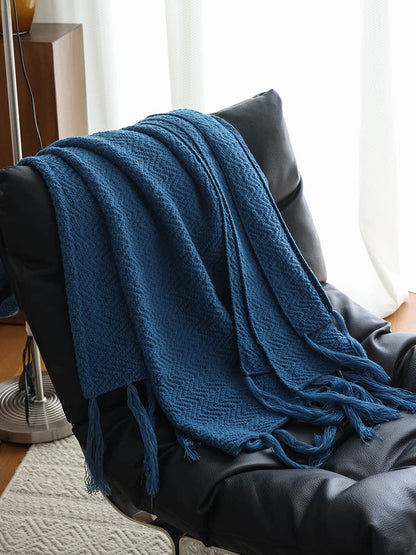 Navy Blue Scandinavian Knitted Throw Blanket – Sofa & Bed Decorative Throw