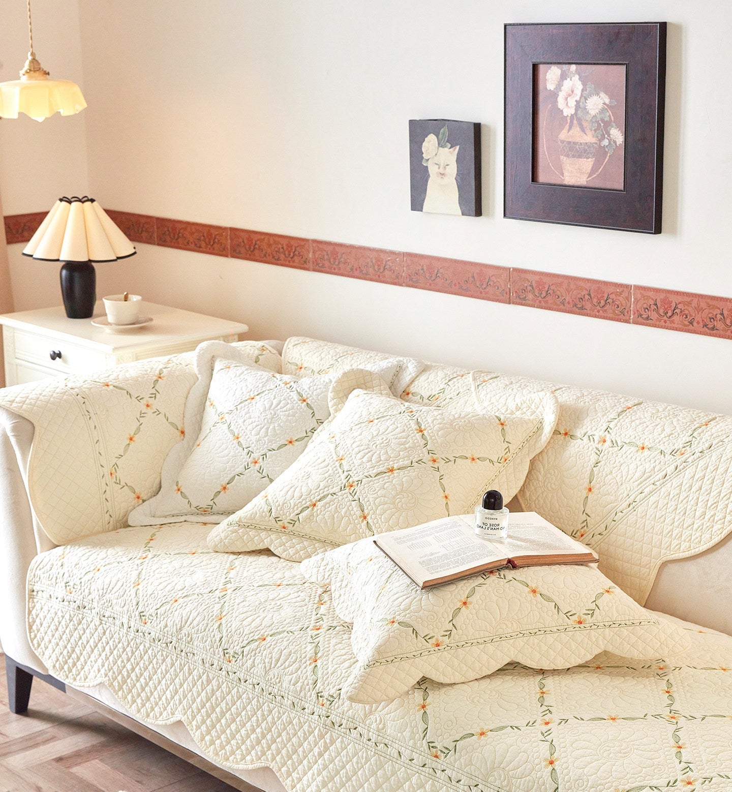 Embroidered Cotton Sofa Cover – Washed Cotton Couch Throw & Seat Cushion