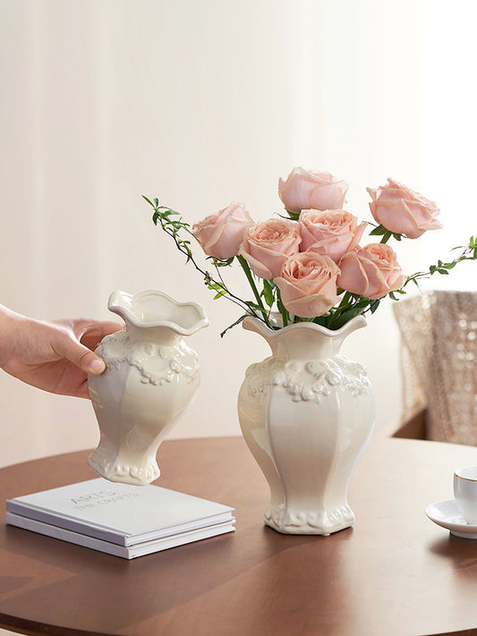 French Embossed Ceramic Vase – Vintage Cream Flower &amp; Home Decor
