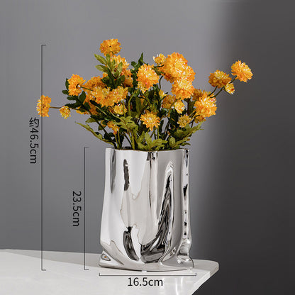 Nordic Morandi Pleated Ceramic Vase – Modern Light Luxury Home Decor