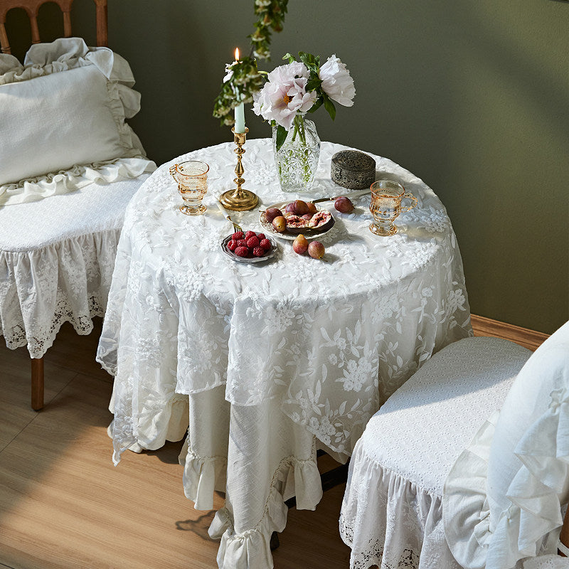 French White Lace Tablecloth – Nordic Floral Embroidered Coffee & Dining Table Cover