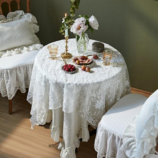French White Lace Tablecloth – Nordic Floral Embroidered Coffee & Dining Table Cover