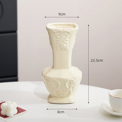 French Embossed Ceramic Vase – Vintage Cream Flower &amp; Home Decor