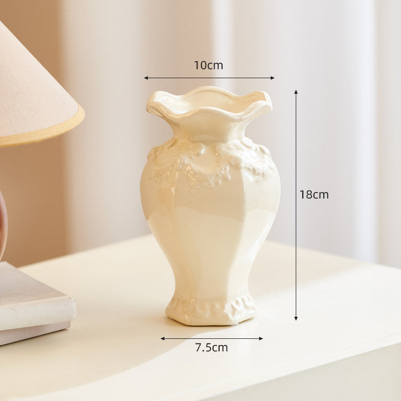 French Embossed Ceramic Vase – Vintage Cream Flower &amp; Home Decor