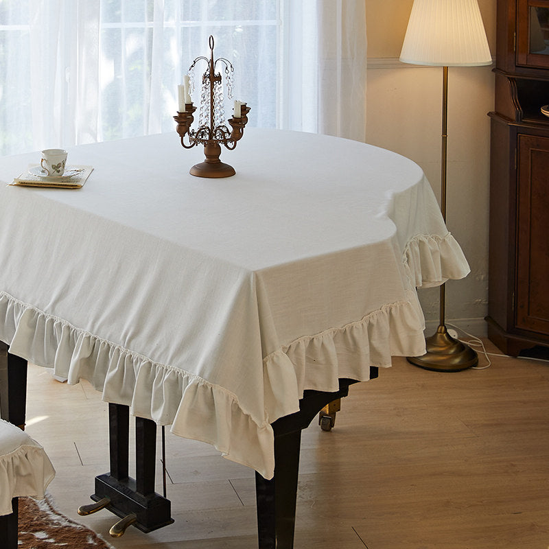 French White Rose Tablecloth – Vintage Floral Cotton Linen Dining Table Cover