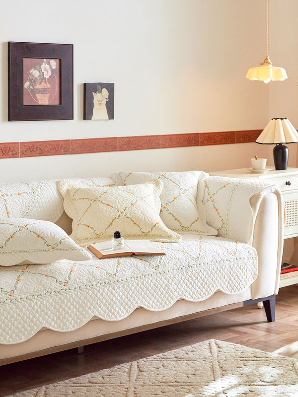 Embroidered Cotton Sofa Cover – Washed Cotton Couch Throw & Seat Cushion