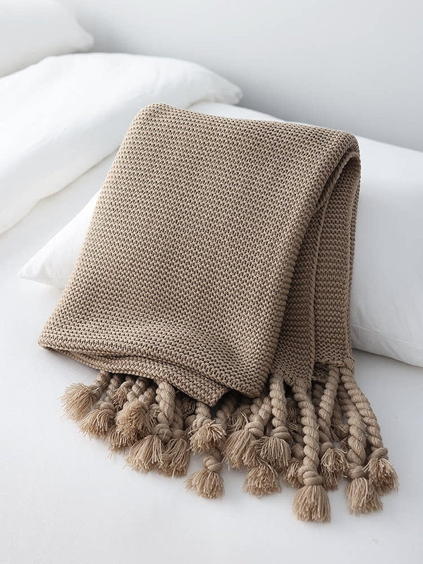 Light Camel Knitted Throw Blanket – Warm Cozy Sofa & Bed Decorative Blanket
