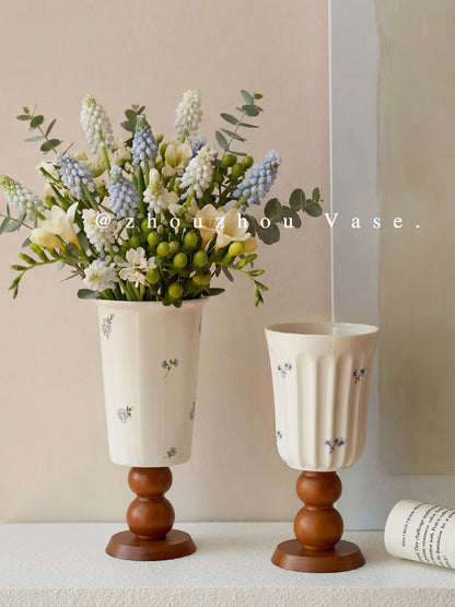 French Vintage Ceramic Vase – Floral Wood Base Flower &amp; Table Decor