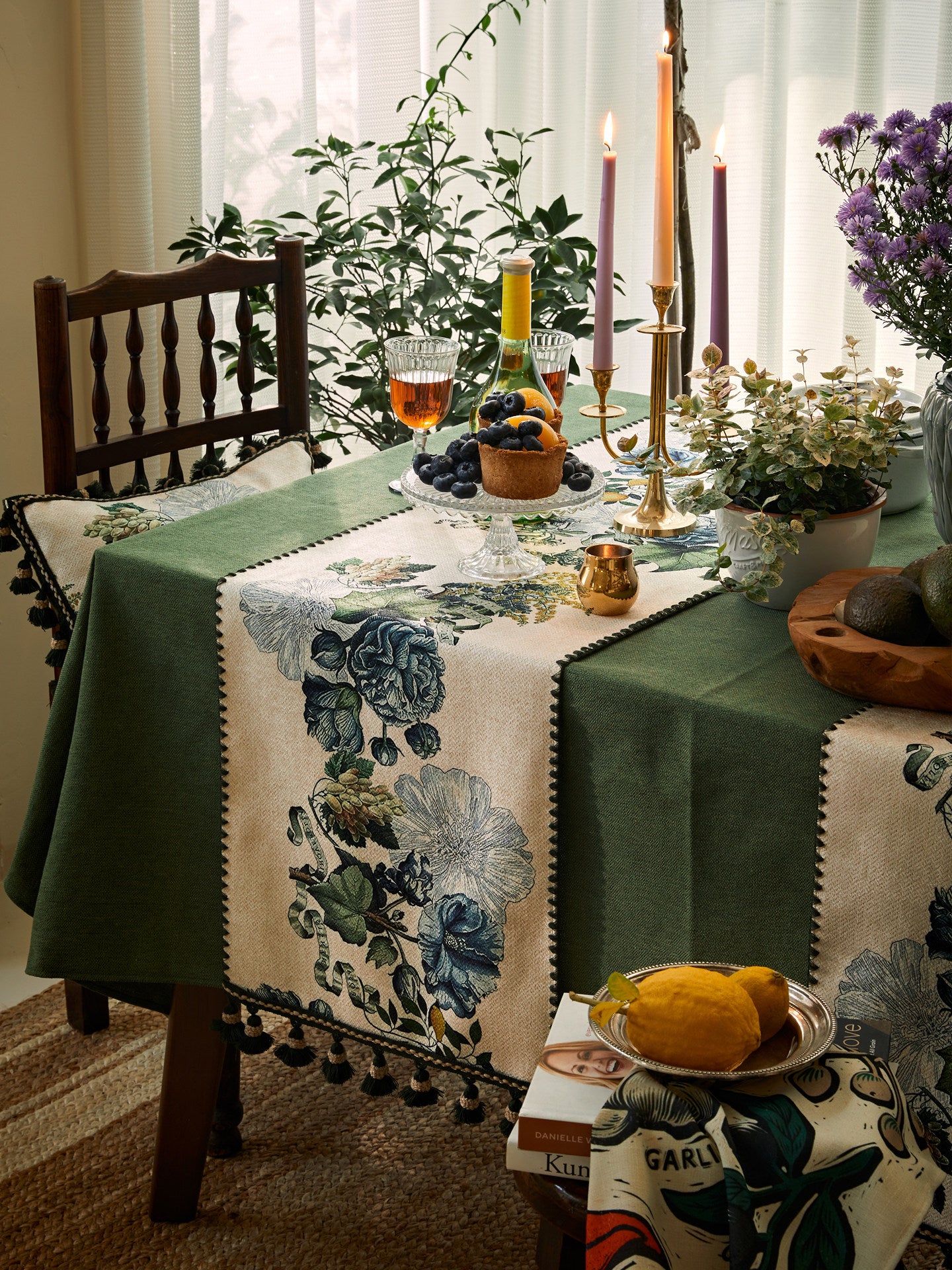 Vintage Green Tassel Table Runner – American & British Dining Decor