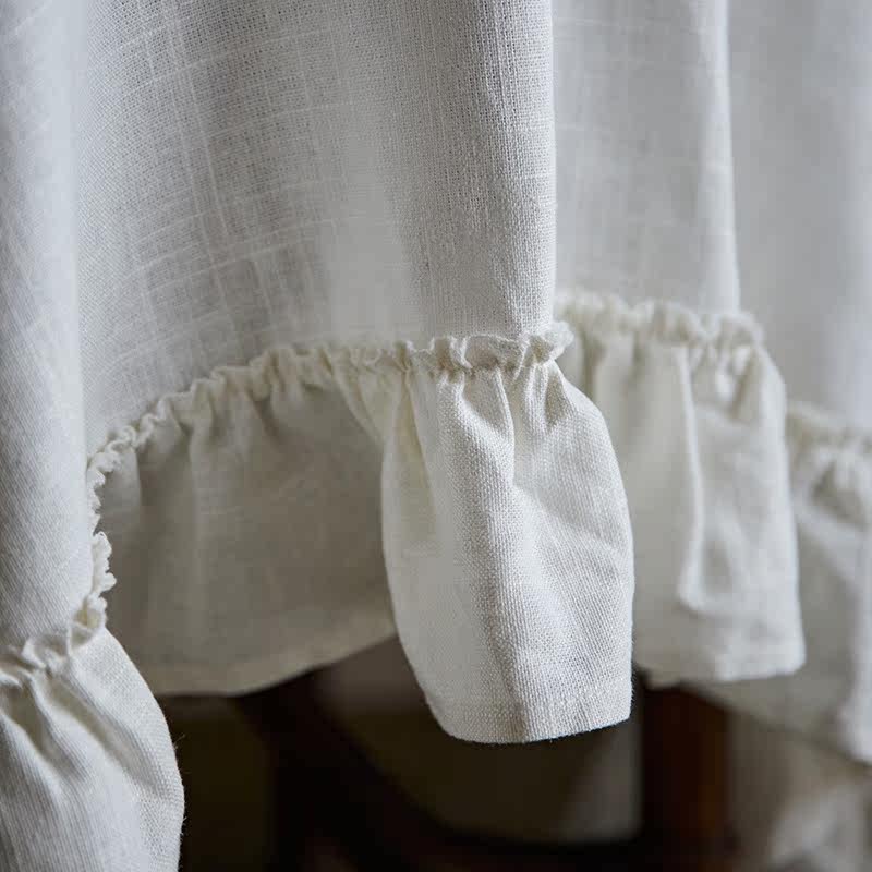 French White Linen Tablecloth – Vintage Ruffle Round Coffee & Dining Table Cover