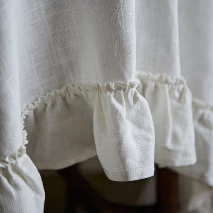 French White Linen Tablecloth – Vintage Ruffle Round Coffee & Dining Table Cover